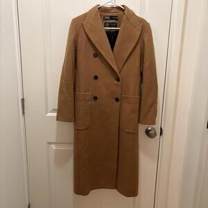 Zara Manteco Women’s Wool Blend Long Coat Size Small Tan Double Breasted